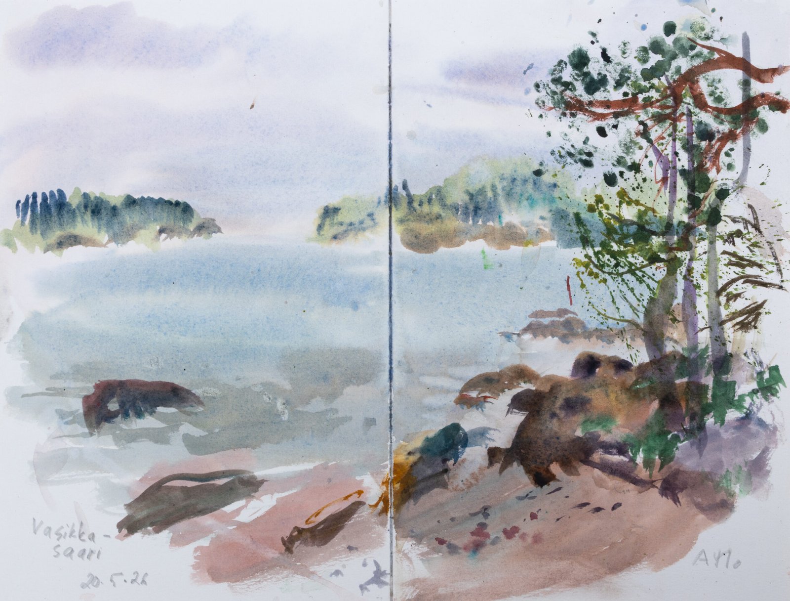 Plein air watercolor painting on Pleinly 8×12" HP-L sketchbook. May 2026 - by Antti Moijanen (AMo)