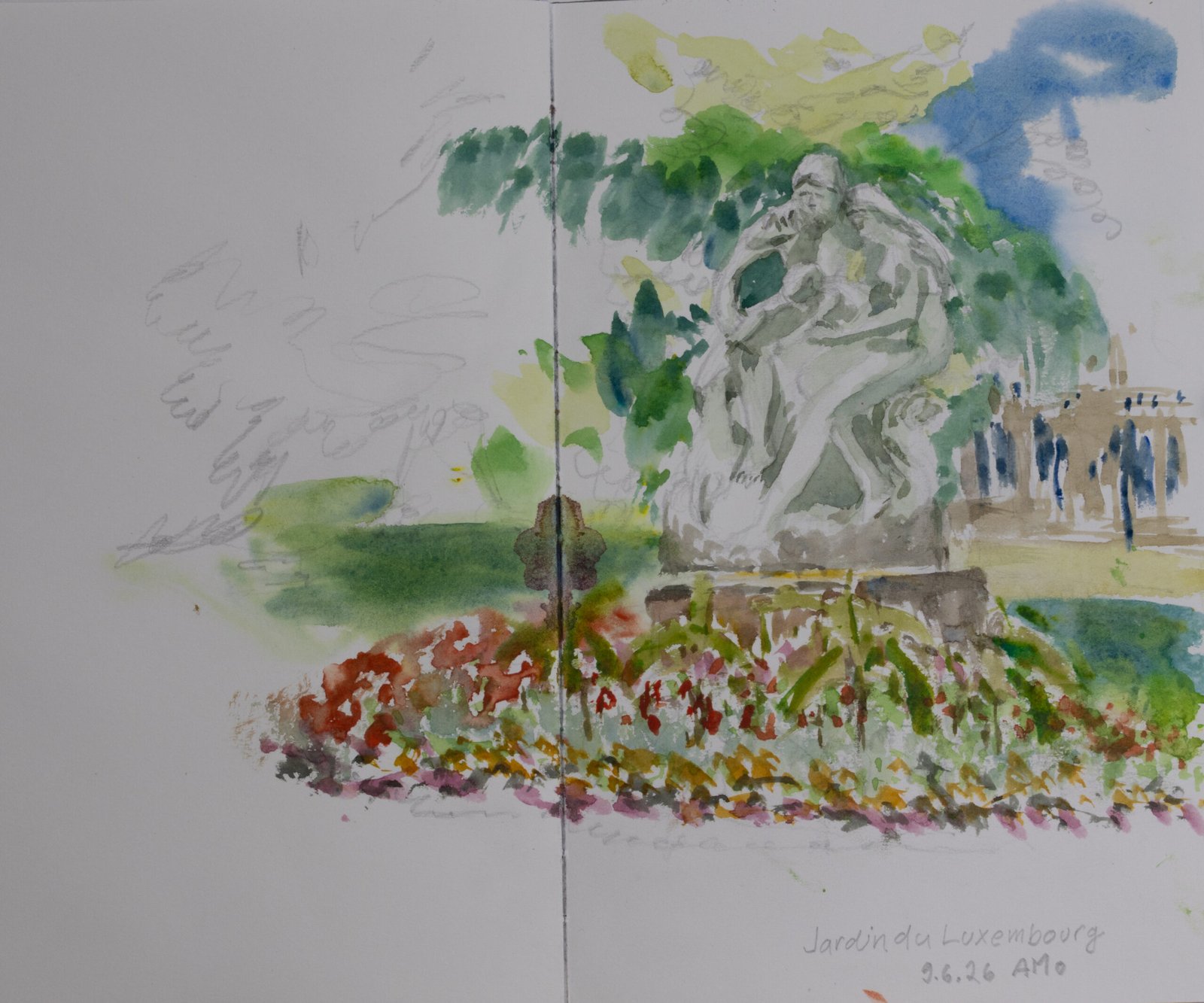 Plein air watercolor painting on Pleinly 8×12" HP-L sketchbook.  Paris 06/2026 - by Antti Moijanen (AMo)