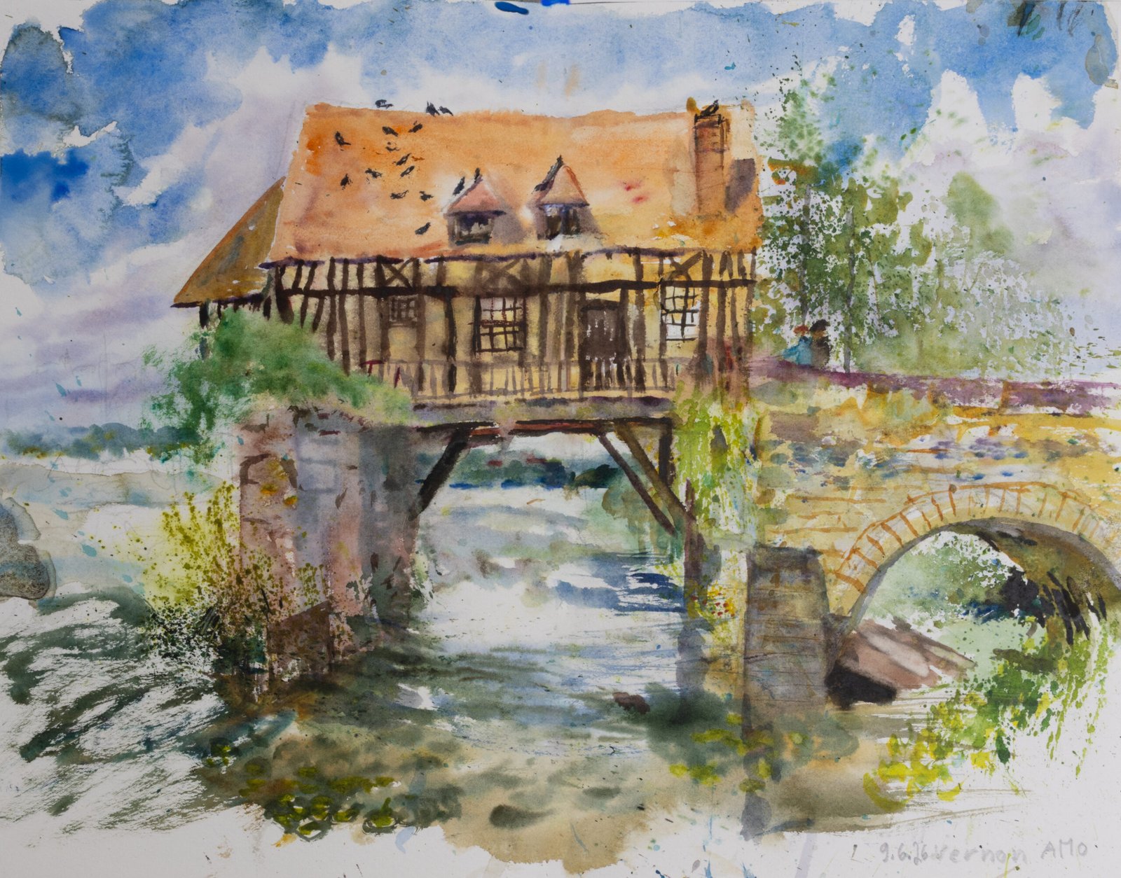 Plein air watercolor painting on Pleinly 8×12" HP-L sketchbook.  Vernon Old Mill 06/2026 - by Antti Moijanen (AMo)