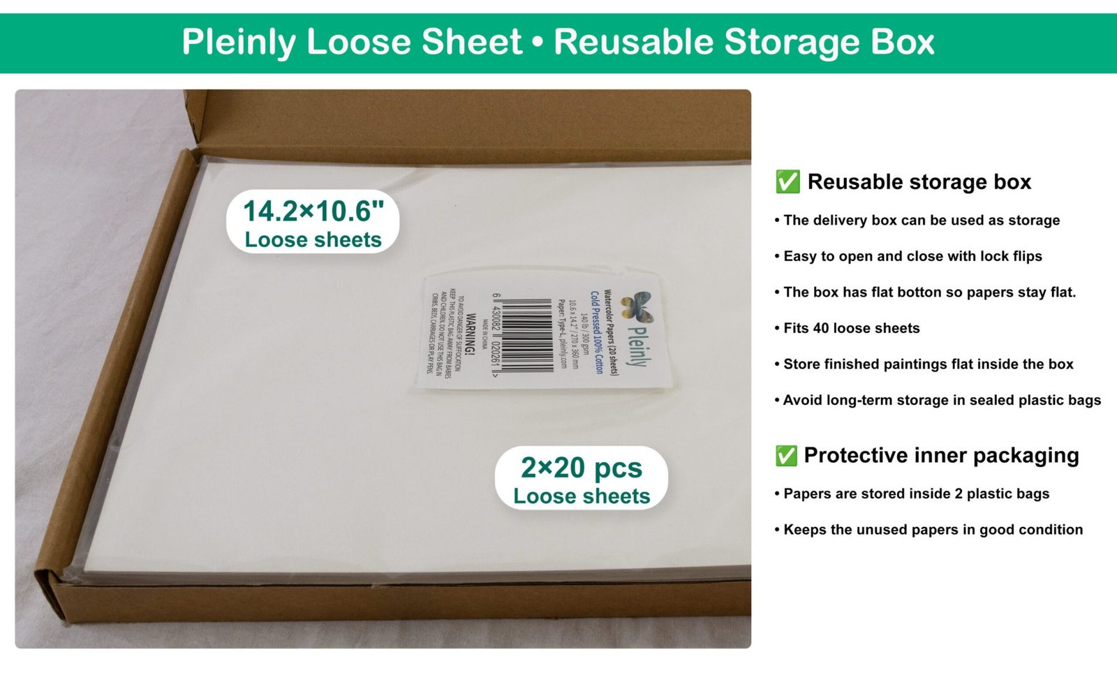 Pleinly Watercolor Paper 100% Cotton - Loose sheets - Hot Press, Cold Press, Rough Storage Box