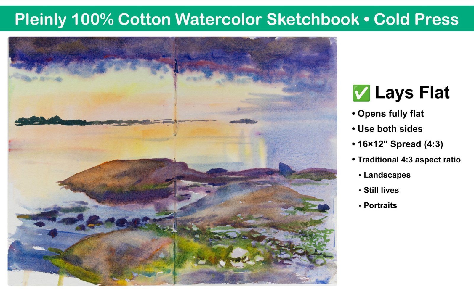 Pleinly Watercolor Sketchbook 100% Cotton Cold Press Hot Press Lay Flat