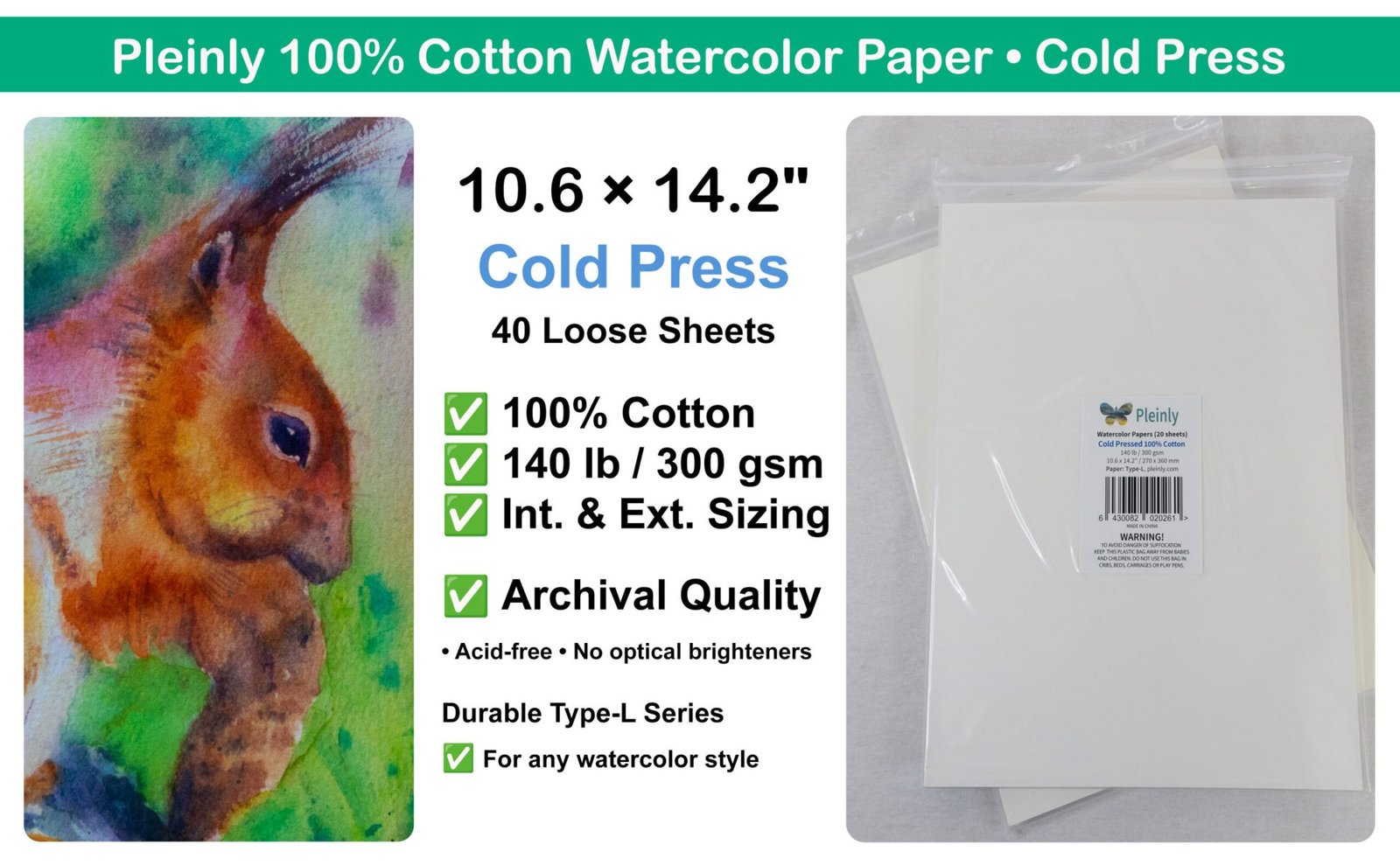 Pleinly Watercolor Paper 100% Cotton - Loose sheets - Cold Press