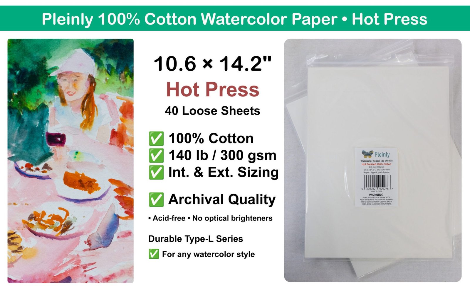 Pleinly Watercolor Paper 100% Cotton - Loose sheets - Hot Press