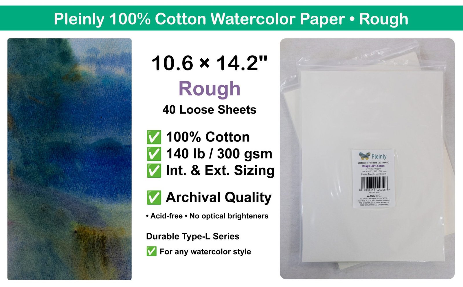 Pleinly Watercolor Paper 100% Cotton - Loose sheets - Rough