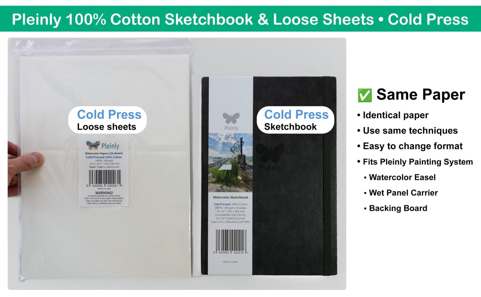 Pleinly Watercolor Sketchbook 100% Cotton Cold Press Hot Same Paper