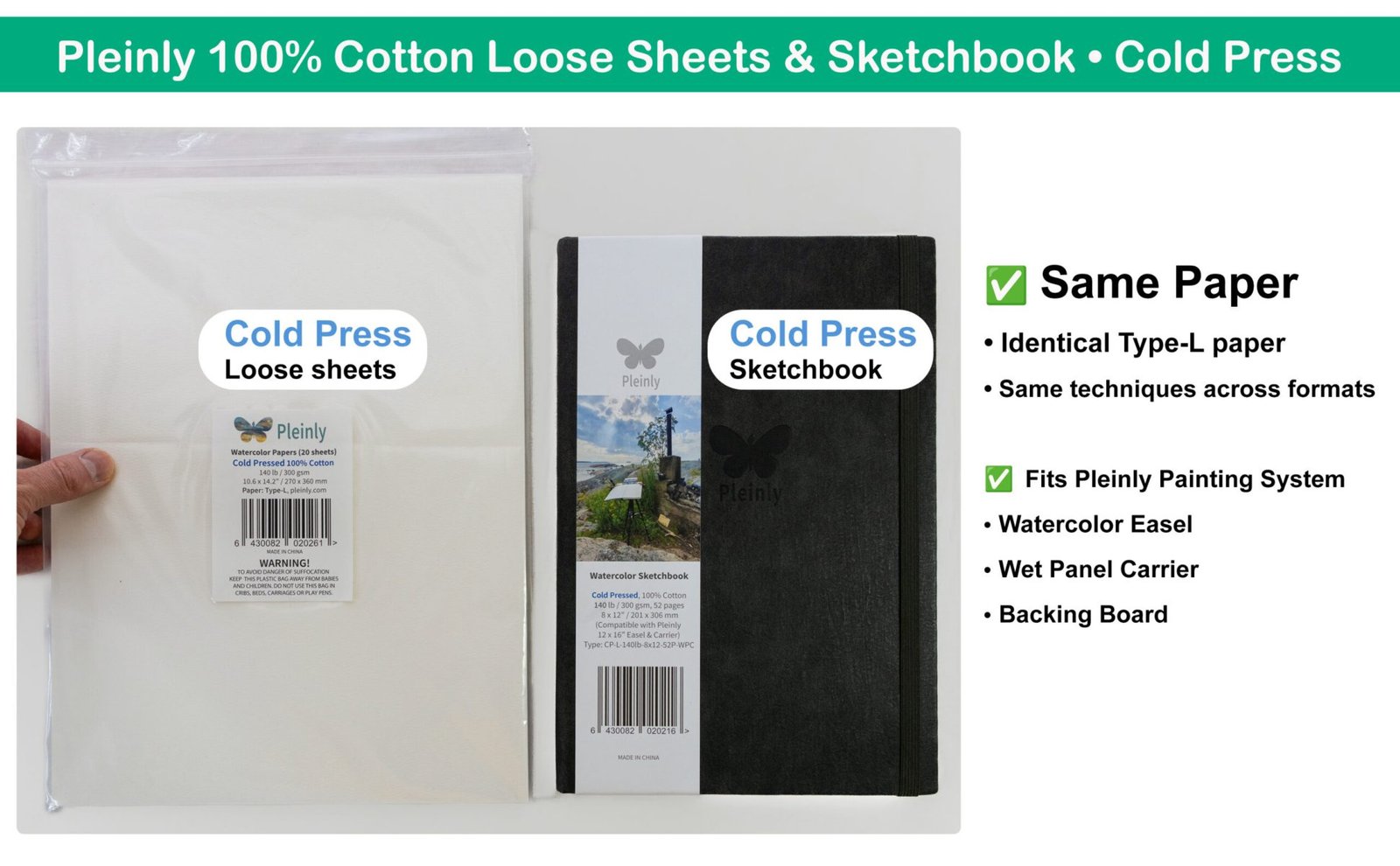 Pleinly Watercolor Paper 100% Cotton - Loose sheets - Hot Press, Cold Press, Same Paper Sketchbook