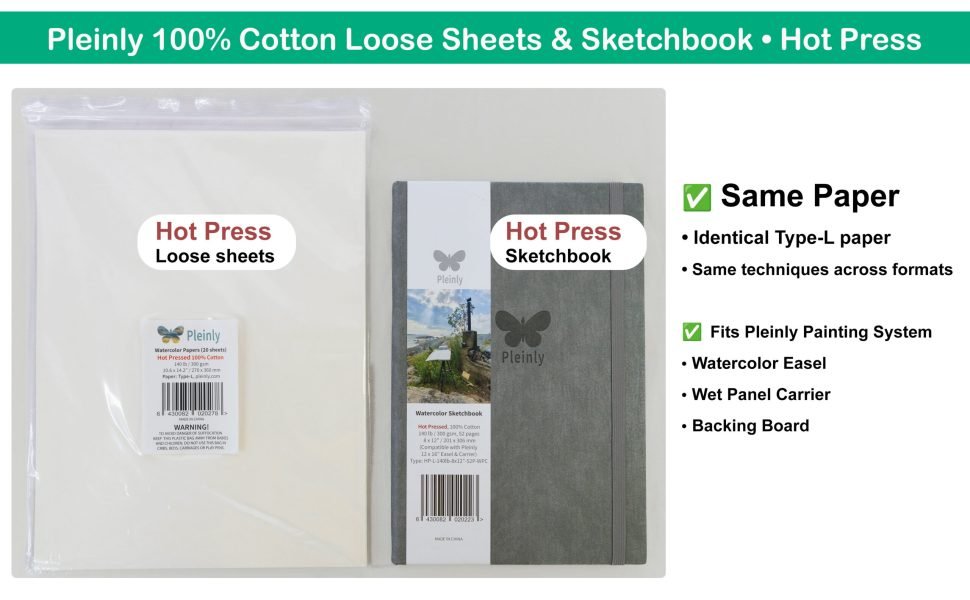 Pleinly Watercolor Paper 100% Cotton - Loose sheets - Hot Press, Cold Press, Same Paper Sketchbook
