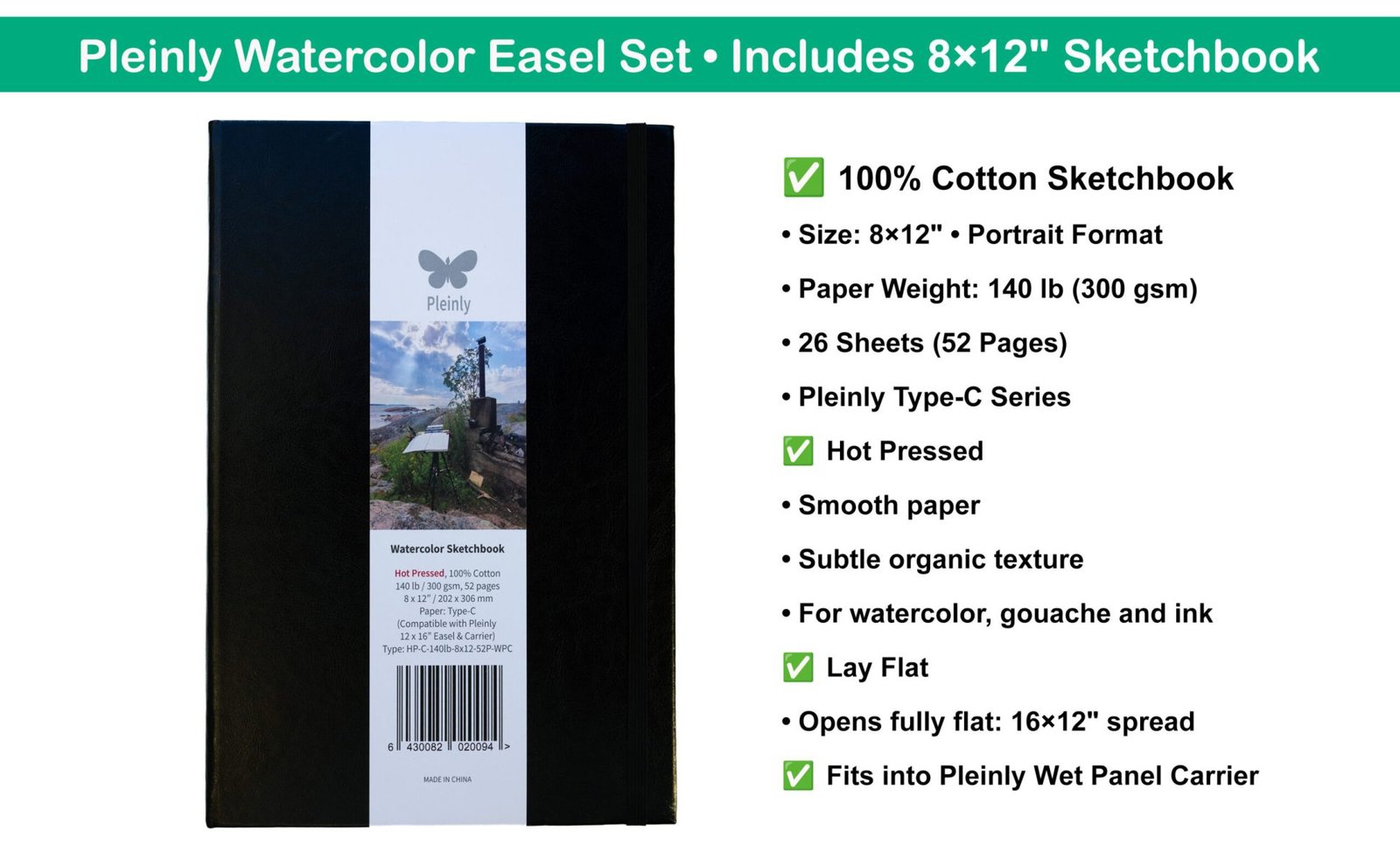 Pleinly Watercolor Easel Set includes Wet Panel Carrier and Backing Board and sketchbook